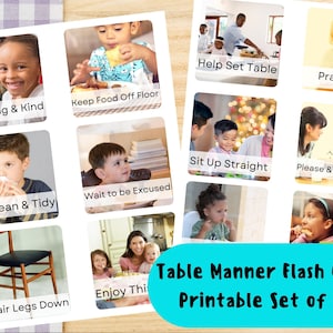 Schede flash sulle buone maniere a tavola per i più piccoli, bambini, 14 carte Montessori, stampabili, download digitale, scuola materna, etichetta, foto