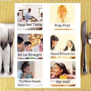 Cartões de boas maneiras à mesa para imprimir para crianças, crianças, bebês, 14 cartões Montessori, download digital, pré-escola, etiqueta, fotos