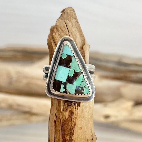 Sterling Silver Genuine Turquoise Mosaic Statement Ring - Handcrafted Western Cowgirl Rings - Handmade Natural Gemstone Jewelry — Size 6.5US