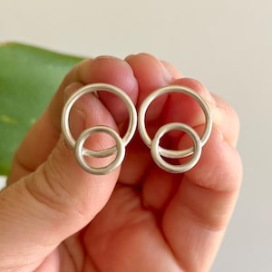Sterling Silver Double Open Circle Stud Earrings - Geometric Style Everyday Silver Studs - Simple Minimalist Silver Jewelry Gifts for Women