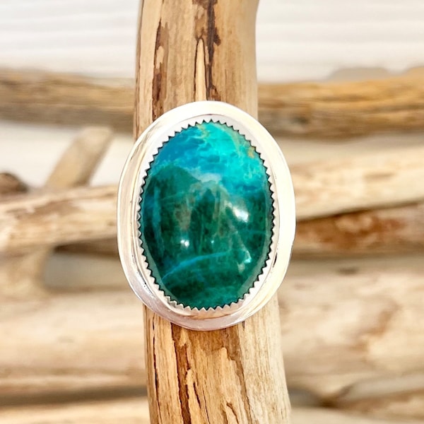 Sterling Silver Chunky Blue Chrysocolla Statement Ring - Handmade Gemstone Jewelry - Handcrafted Artisan Silversmith Rings — Size 8US