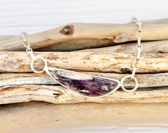 Sterling Silver Charoite Gemstone Statement Choker Chain Necklace - Handcrafted Crystal Pendant Necklaces - Handmade Artisan Jewelry for Her