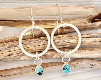 Sterling Silver Hoops with Genuine Turquoise Charms - Handcrafted Dangle Drop Earrings - Authentic Handmade Turquoise Jewelry