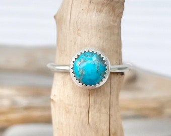 Sterling Silver Dainty Authentic Arizona Turquoise Stacker Ring - Handcrafted Delicate Stacker Rings - Genuine Handmade Jewelry - Size 6.5US