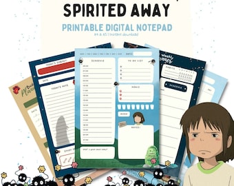 May include: Printable digital notepad featuring characters from the animated film Spirited Away. The notepad includes pages for scheduling, to-do lists, habit tracking, and meal planning. The design features a blue background with black and white illustrations of characters from the film.