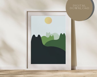 May include: A digital download of a minimalist art print featuring a stylized landscape with green hills and a yellow sun in a light blue sky.