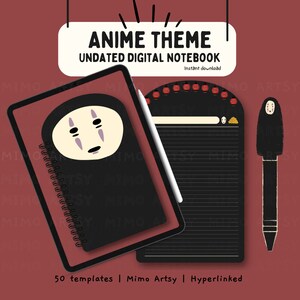 May include: Digital notebook with an anime theme. The cover features a character design with a black background and spiral binding. The image includes a stylus and a digital notebook with a lined page. Text on the image reads "ANIME THEME UNDATED DIGITAL NOTEBOOK".