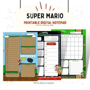 May include: Printable digital notepad featuring Super Mario characters. The notepad includes a daily schedule, to-do list, meal planner, mood tracker, notes section, weekly planner, and monthly calendar.