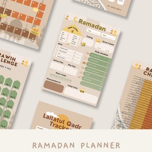 Könnte beinhalten: Eine druckbare Ramadan-Planer-Vorlage mit beigefarbenem Hintergrund und bunten Illustrationen. Die Vorlage enthält einen Kalender, eine tägliche Checkliste, einen Koran-Tracker und einen Lailatul-Qadr-Tracker. Der Text "Ramadan-Planer-Vorlage" befindet sich am unteren Rand der Seite.