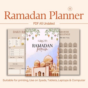 May include: A printable Ramadan planner with a watercolor illustration of a mosque and lanterns. The planner includes sections for daily tasks, a prayer tracker, and a water intake log. The text "Ramadan Kareem" is written in Arabic script.