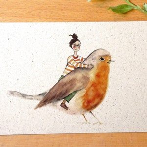Postkarte A6 Graspapier "AusFLUG mit Rotkehlchen"