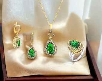 Beste deal ! 925 massief sterling zilver, Hurrem Sultan Emerald Triple Sieraden Set Ring, ketting, oorbel Authentieke Ottomaanse rijken handjuwelen