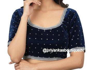 Navy Blue Velvet Saree Blouse, Readymade Indian Sari Top