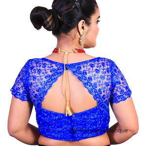 Women&#39;s Saree Blouse, Readymade Saree Blouse, Blue Sari Blouse, Party Wear Blouse, Embroidered Net Sari Blouse