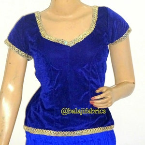 Royal Blue Saree Long Blouse with Short Sleeves ,Readymade Saree Blouse, Women's Velvet Sari Blouse, Indian Blouse, Short Top,