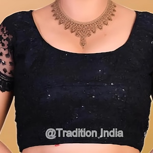 Black Saree Bloues, Women&#39;s Saree Blouse, Readymade Saree Blouse, Sari Blouse, Party Wear Blouse, Embroidered Net Short Sleeves Sari Blouse