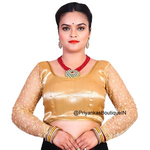 Readymade Saree Blouse, Women's Brocade Silk Sari Blouse, Indian Blouse, Short Top, Party Wear Saree Blouse with Long Sleeves