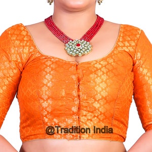 Indian Blouse, Readymade Blouse, Women's Chanderi Silk Sari Blouse, Indian Blouse, Orange Color Saree Blouse with Elbow Sleeves