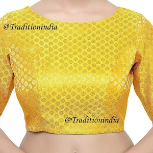 Yellow Brocade Silk Saree Blouse, Readymade Blouse, Ethnic Women&#39;s  Sari Blouse, Indian Blouse, Indian Crop Top, Choli