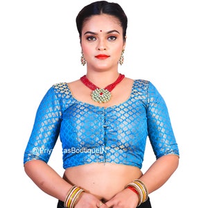 Readymade Saree Blouse, Women&#39;s Chanderi Silk Sari Blouse, Indian Blouse, Short Top, Turquoise Color Saree Blouse with Elbow Sleeves