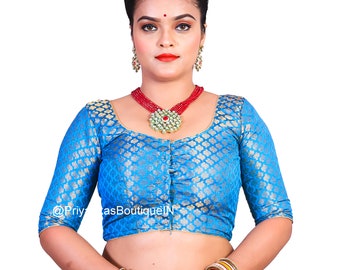 Turquoise Chanderi Silk Saree Blouse, Readymade Indian Sari Top