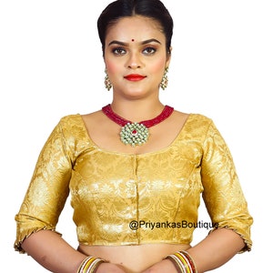 Banarasi Silk Saree Blouse,Readymade Saree Blouse, Short Top, Golden Color Elbow Sleeves Saree Blouse, Women&#39;s Blouse Bust Size -34