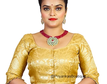 Banarasi Silk Saree Blouse,Readymade Saree Blouse, Short Top, Golden Color Elbow Sleeves Saree Blouse, Women's Blouse Bust Size -34