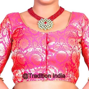 Stock Sale -Hot Pink Banarasi Silk Elbow Sleeves Saree Blouse, Saree Blouse, Indian Blouse, Short Top, Saree Blouse Bust Size -34