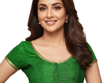 Green Dupion Silk Saree Blouse, Readymade Sari Top