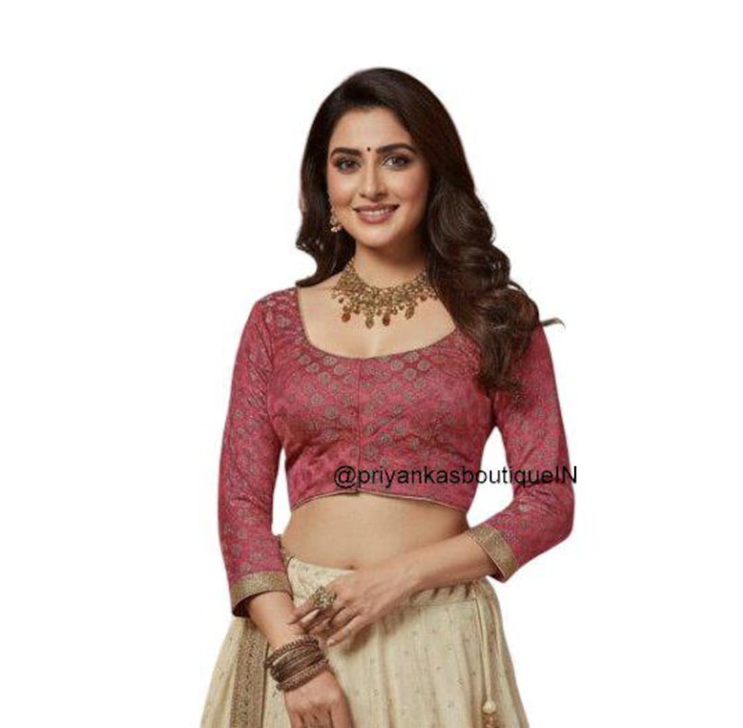 Hot Pink Chanderi Silk Saree Blouse, 3/4 Sleeve Readymade Indian