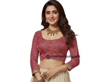 Hot Pink Chanderi Silk Saree Blouse, 3/4 Sleeve Readymade Indian Crop Top