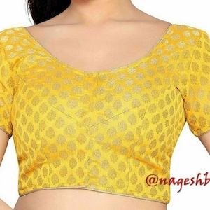 Yellow Chanderi Silk Short Sleeves Saree Blouse, Readymade Blouse, Ethnic Women&#39;s  Sari Blouse, Indian Blouse, Indian Crop Top, Choli