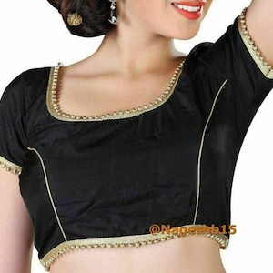 Black Dupion Silk Saree Blouse with Short Sleeves , Readymade Saree Blouse, Women&#39;s Sari Blouse, Indian Blouse, Short Top,Crop Top