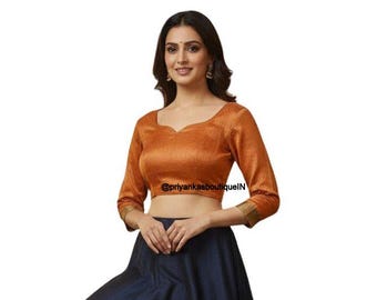 Readymade Orange Long Sleeves Saree Blouse, Readymade Blouse, Women's Dupion Silk Sari Blouse, Indian Blouse, Indian Crop Top, Choli