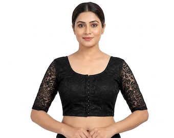 Black Net Sleeves Saree Blouse, Readymade Elbow Sleeves Sri Choli, Indian Sari Top