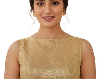 Golden Banarasi Silk Saree Blouse, Readymade Indian Top