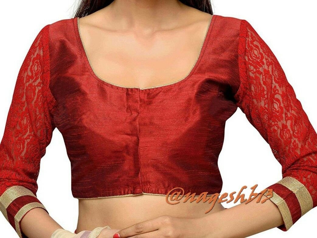 Marron Saree Blouse With 3/4 Net Sleeves, Readymade Saree Blouse, Indian Blouse, Short Top, ,  Women's Traditional Saree Sari Blouse