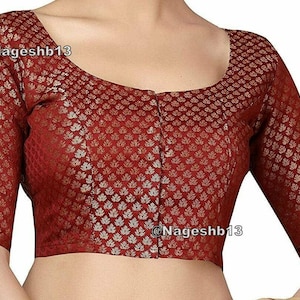 Maroon Chanderi Silk Saree Blouse, Readymade Saree Blouse, Indian Blouse , Ready To Wear Short Top, ,  Women's Traditional Saree Sari Blouse