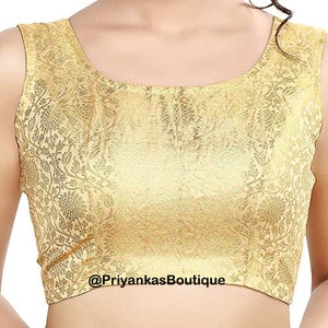 Golden Banarasi Silk Saree Blouse, Readymade Saree Blouse, Indian Blouse, Short Top, Sleeveless Saree Blouse, U Neck Women&#39;s Sari Blouse