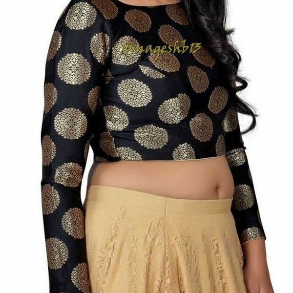 Chemisier Saree indien Readymade, chemisier Sari pour femme, chemisier Saree en soie de brocart noir à manches longues, chemisier indien, haut court, haut court