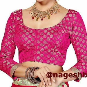 Hot Pink Chanderi Silk 3/4 Sleeves Saree Blouse, Readymade Blouse, Women's Chanderi Silk Sari Blouse, Indian Blouse, Indian Crop Top, Choli