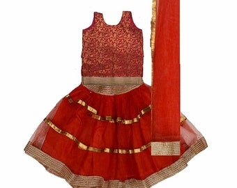 Red Net Lehenga Choli, Readymade Brocade Silk Girls Festive Wear