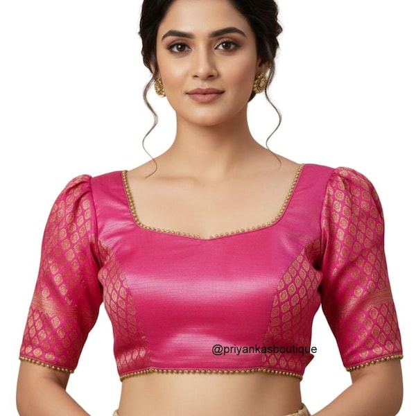 Bluzka Chanderi Silk Sari dla kobiet, różowy top Sari z rękawami do łokcia