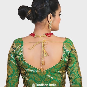 Stock sale - Green Banarasi Silk Blouse, Readymade Saree Blouse, Green Color Elbow Sleeves Silk, Women&#39;s Sari Blouse, Bust Size-34