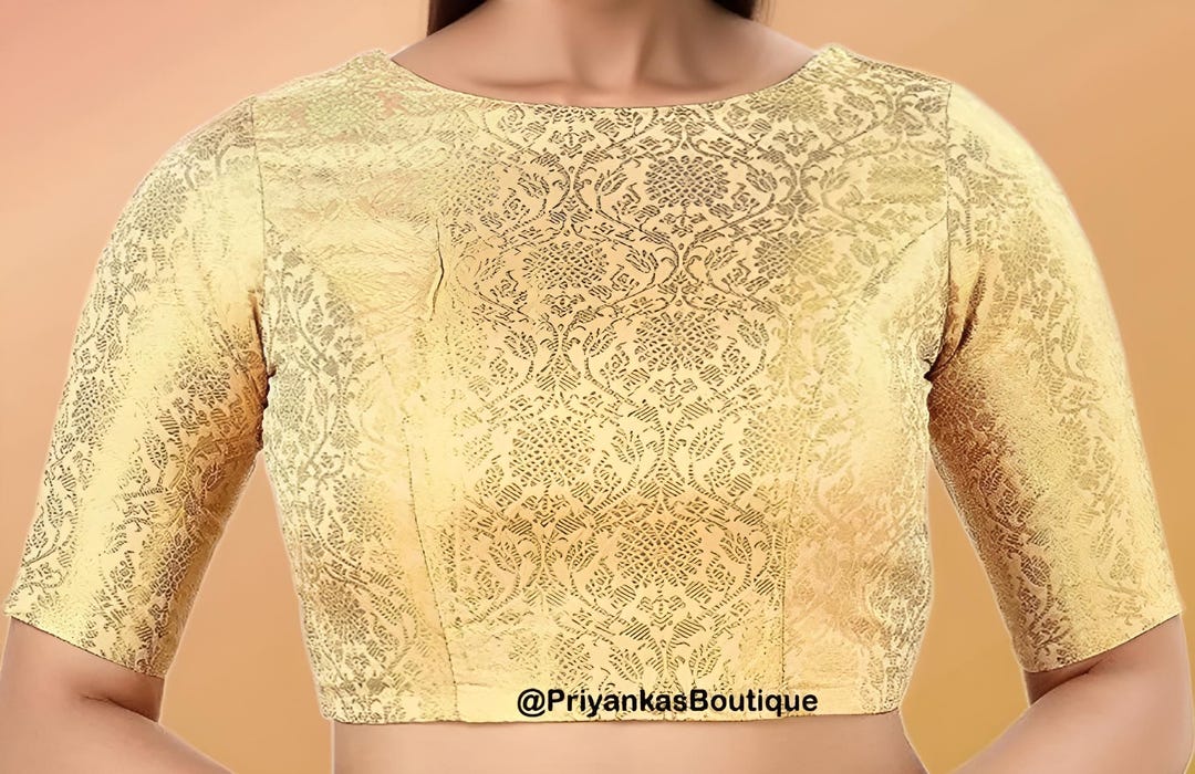 Banarasi Golden High Neck Blouse White Golden Traingles Brocade