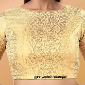 Gold Banarasi Silk Saree Blouse, Readymade Saree Blouse, Indian Blouse, Short Top, Elbow Length Saree Blouse, Boat Neck Women&#39;s Sari Blouse