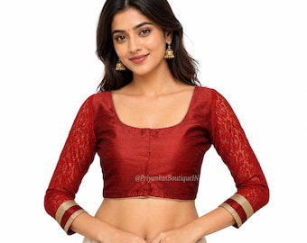 Marron Saree Blouse With 3/4 Net Sleeves, Readymade Saree Blouse, Indian Blouse, Short Top, ,  Women's Traditional Saree Sari Blouse