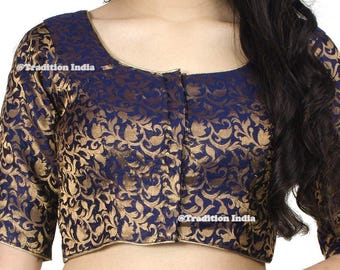 Stock sale - Navy Blue Brocade Silk Saree Blouse, Elbow Sleeves Sari Blouse, Indian Blouse Bust Size -52, Wedding Saree Blouse