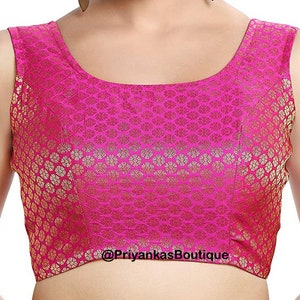 Hot Pink Banarasi Silk Saree Blouse, Readymade Saree Blouse, Indian Blouse, Short Top, Sleeveless Blouse, Boat Neck Ready to Wear Blouse
