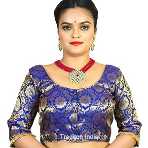 Women&#39;s Saree Blouse, Royal Blue Banarasi Silk Elbow Sleeves Bloues, Saree Blouse, Blouse, Party Wear Blouse, Embroidered Net Sari Blouse